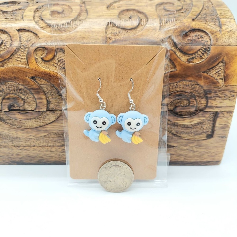 3D Blue Monkey Earrings Banana - Picture 2 of 2